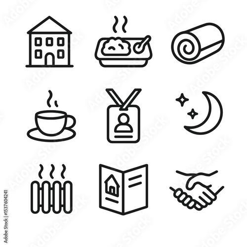 Urban Homelessness Icon Set. Outline icon set of urban homelessness support: shelter building, hot meal tray, blanket roll, coffee