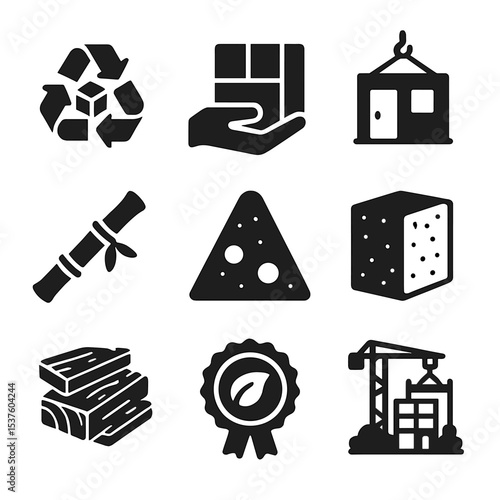 Low-Carbon Construction Icons. Solid, filled icons set of low-carbon construction: recycled materials, modular