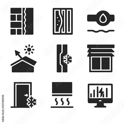 Building Envelope Icons. Solid, filled icons set of building envelope optimization: insulated walls,