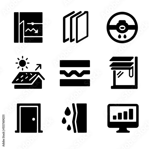 Building Envelope Icons. Solid, filled icons set of building envelope optimization: insulated walls,