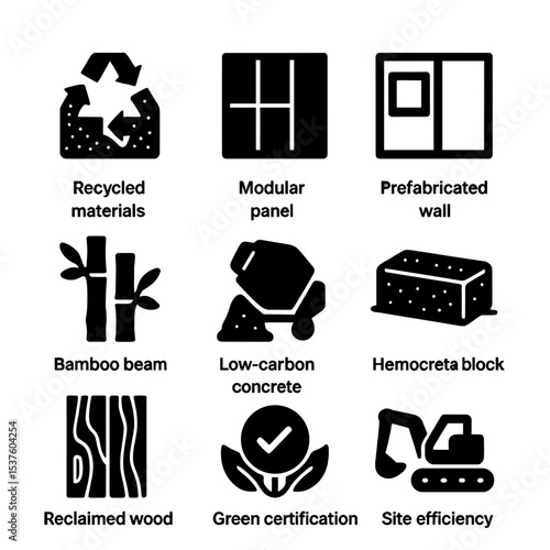 Low-Carbon Construction Icons. Solid, filled icons set of low-carbon construction: recycled materials, modular