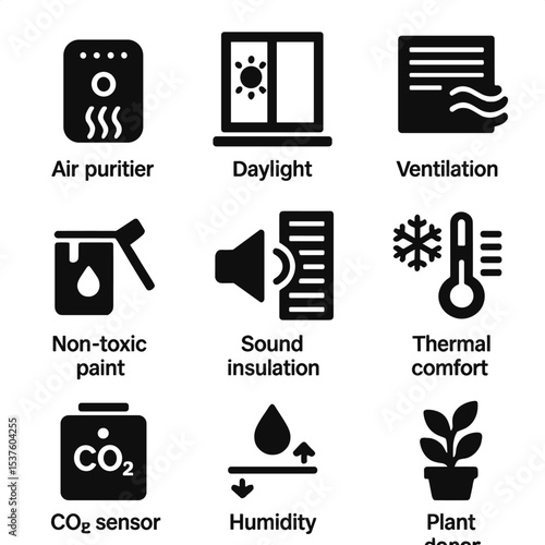 Indoor Quality Icons. Solid, filled icons set of indoor environmental quality: air purifier, daylight window,