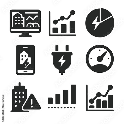 Building Energy Icons. Solid, filled icons set of building energy monitoring: dashboard screen, data graph,