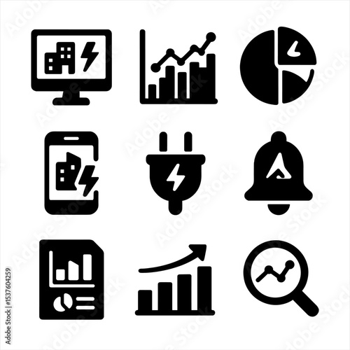 Building Energy Icons. Solid, filled icons set of building energy monitoring: dashboard screen, data graph,