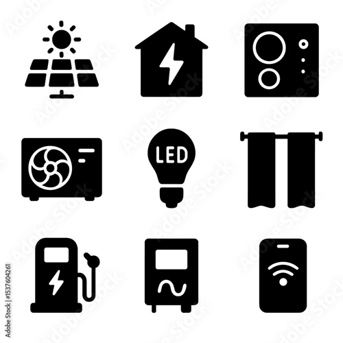 Zero-Energy Home Icons. Solid, filled icons set of zero-energy home systems: solar array, home battery,