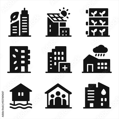 Urban Eco-Buildings Icons. Solid, filled icons set of urban eco-buildings: green tower, solar skyscraper,