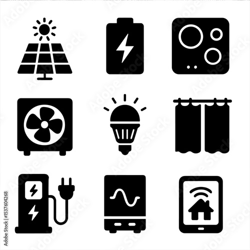 Zero-Energy Home Icons. Solid, filled icons set of zero-energy home systems: solar array, home battery,