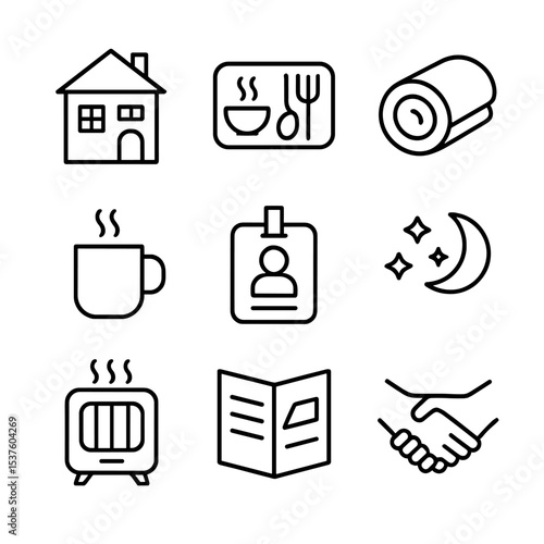 Urban Homelessness Icon Set. Outline icon set of urban homelessness support: shelter building, hot meal tray, blanket roll, coffee