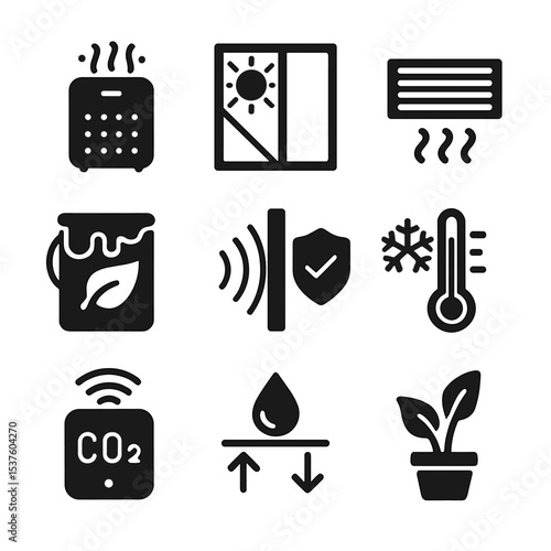 Indoor Quality Icons. Solid, filled icons set of indoor environmental quality: air purifier, daylight window,