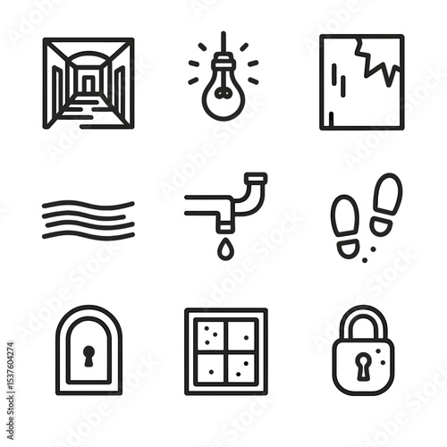 Unsettling Icon Set. Outline icon set of unsettling environments: abandoned corridor, flickering light bulb, peeling wallpaper,