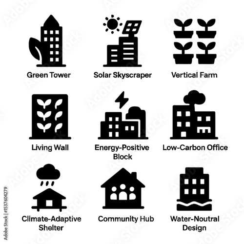 Urban Eco-Buildings Icons. Solid, filled icons set of urban eco-buildings: green tower, solar skyscraper,