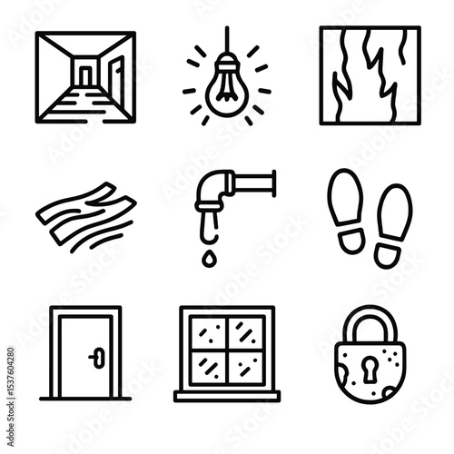 Unsettling Icon Set. Outline icon set of unsettling environments: abandoned corridor, flickering light bulb, peeling wallpaper,