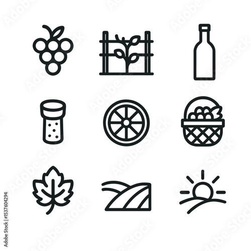 Vineyard Bike Icons. Outline icon set of vineyard bike excursion: grape cluster, vine trellis, wine bottle, cork stopper, bike