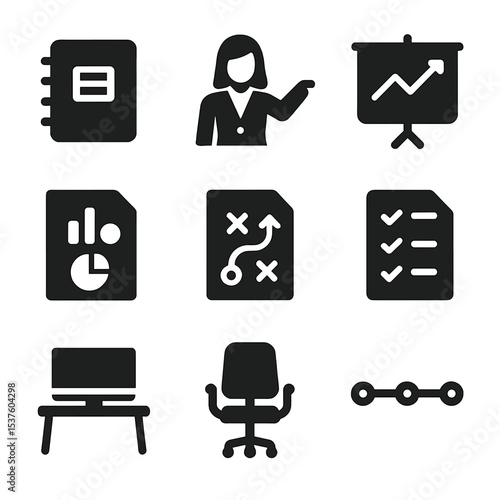 Business Planning Icons. Solid, filled icons set of office business planning: agenda notebook, businesswoman
