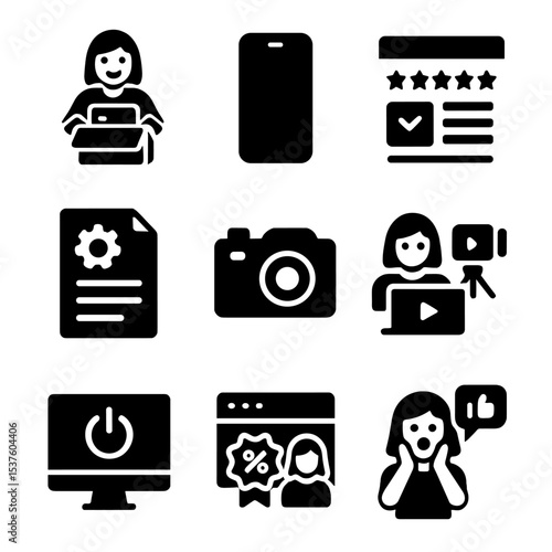 Tech Icon Grid. Solid, filled icons set of tech influencer collaborations: unboxing gear, gadget icon, review