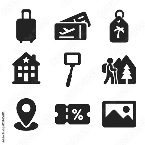 Travel Sponsorship Icons. Solid, filled icons set of travel influencer sponsorships: suitcase, boarding pass,