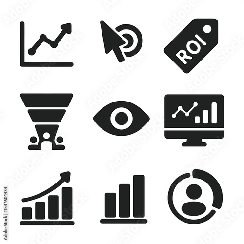 Influencer Metrics Icons. Solid, filled icons set of influencer campaign metrics: reach graph, click-through