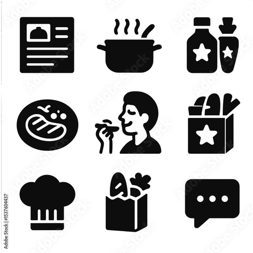 Food Collaboration Icons. Solid, filled icons set of food influencer collaborations: recipe card, cooking pot,