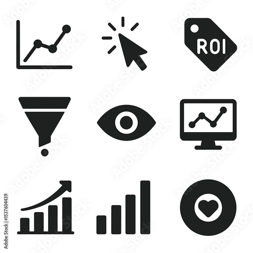 Influencer Metrics Icons. Solid, filled icons set of influencer campaign metrics: reach graph, click-through