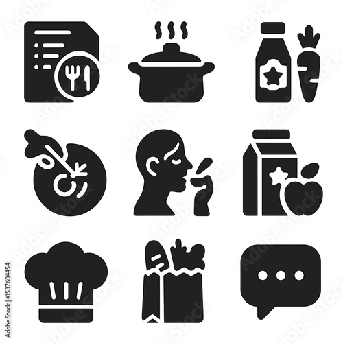 Food Collaboration Icons. Solid, filled icons set of food influencer collaborations: recipe card, cooking pot,