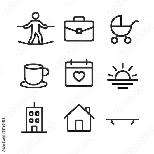 Work-Life Balance Icons. Outline icon set of work–life harmony tightrope: tightrope walker, briefcase, baby stroller, coffee cup,