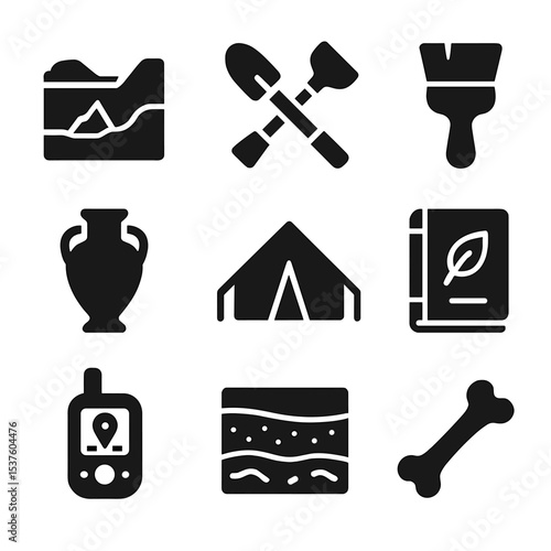 Archaeological Tools Icons. Solid, filled icons set of archaeological field travel: excavation site, digging
