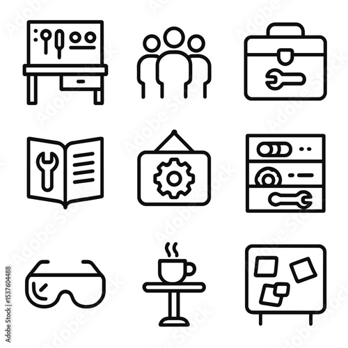 Workshop Icons Grid. Outline icon set of community repair workshops: workbench, group of riders, toolbox, instruction manual,