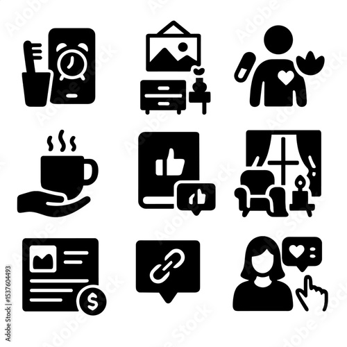 Lifestyle Influencer Icons. Solid, filled icons set of lifestyle influencer partnerships: morning routine,
