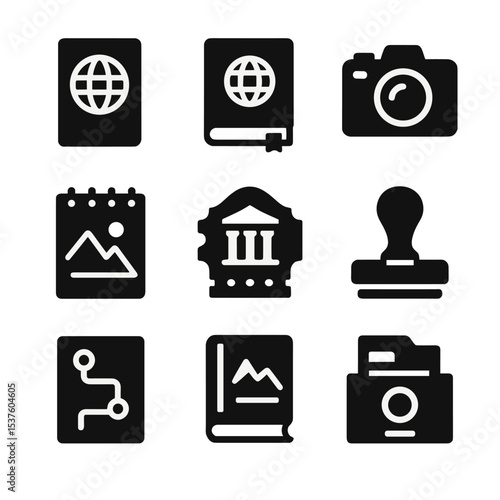 Travel Icon Set. Solid, filled icons set of travel documentation tools: passport, travel journal, camera,