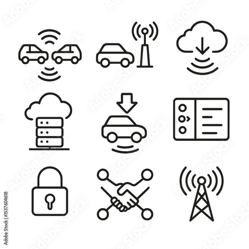 V2X Communication Icons. Outline icon set of vehicle-to-everything communication: V2V signal, V2I beacon, cloud link, edge server,