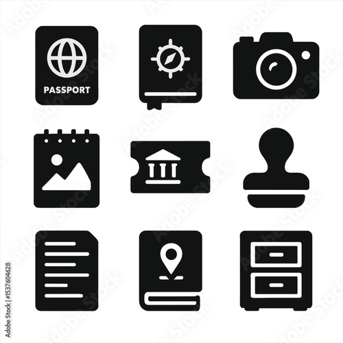 Travel Icon Set. Solid, filled icons set of travel documentation tools: passport, travel journal, camera,