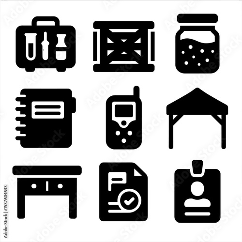 Field Research Icons. Solid, filled icons set of field research setup: portable lab, artifact crate, soil