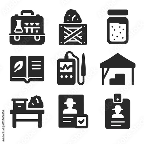 Field Research Icons. Solid, filled icons set of field research setup: portable lab, artifact crate, soil