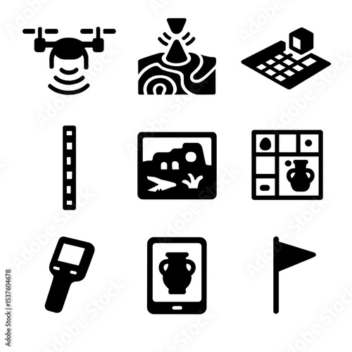 Archaeological Survey Icons. Solid, filled icons set of archaeological survey methods: drone scan, lidar map,