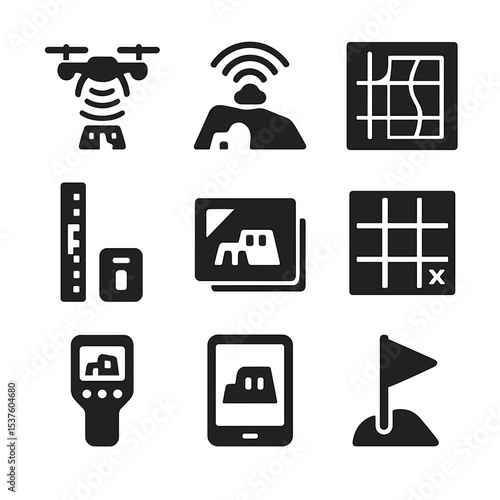 Archaeological Survey Icons. Solid, filled icons set of archaeological survey methods: drone scan, lidar map,