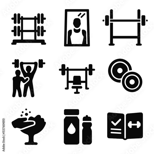 Gym Strength Icons. Solid, filled icons set of strength-focused gym scenes: barbell rack, training mirror,