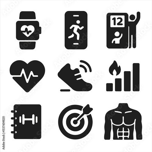 Fitness Tracking Icons. Solid, filled icons set of personal fitness tracking: smartwatch, fitness app, rep
