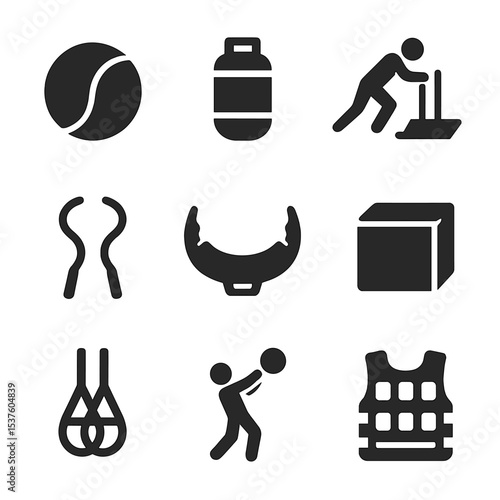 Strength Training Icons. Solid, filled icons set of functional strength training: medicine ball, sandbag, sled