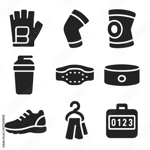 Workout Icon Set. Solid, filled icons set of workout accessories: gym gloves, elbow sleeves, knee brace,