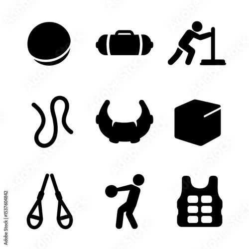 Strength Training Icons. Solid, filled icons set of functional strength training: medicine ball, sandbag, sled