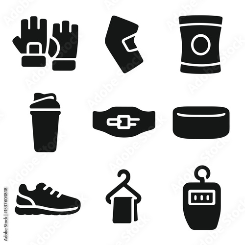 Workout Icon Set. Solid, filled icons set of workout accessories: gym gloves, elbow sleeves, knee brace,