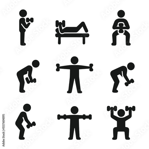Dumbbell Exercise Icons. Solid, filled icons set of dumbbell exercises: hammer curl, chest press, goblet squat