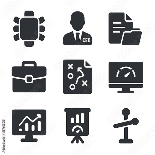 Executive Leadership Icons. Solid, filled icons set of executive leadership choices: boardroom table, CEO icon