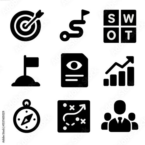 Strategic Planning Icons. Solid, filled icons set of strategic planning: goal setting, roadmap, SWOT analysis,