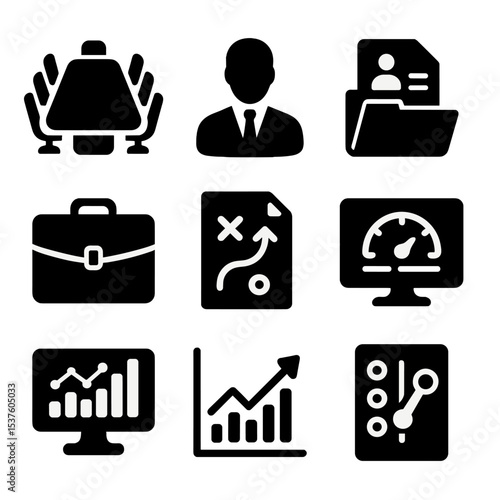 Executive Leadership Icons. Solid, filled icons set of executive leadership choices: boardroom table, CEO icon