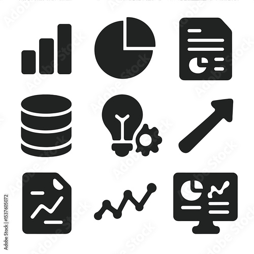 Data Insights Icons. Solid, filled icons set of data-driven choices: bar chart, pie graph, data report,
