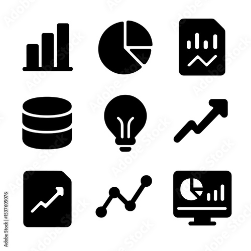 Data Insights Icons. Solid, filled icons set of data-driven choices: bar chart, pie graph, data report,