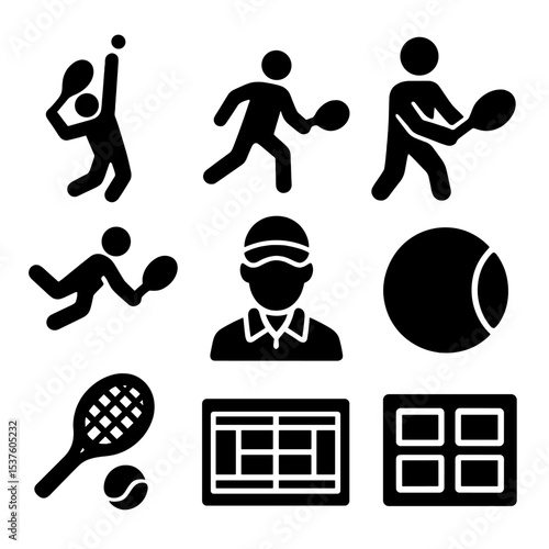 Tennis Icon Set. Solid, filled icons set of tennis match shots: serve motion, forehand swing, backhand return,
