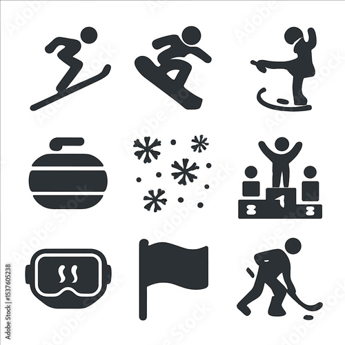 Winter Sports Icons. Solid, filled icons set of winter sports photography: ski jump, snowboard trick, ice