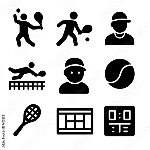 Tennis Icon Set. Solid, filled icons set of tennis match shots: serve motion, forehand swing, backhand return,